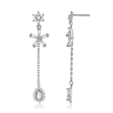 Side view of the Clear Pear Drop Dangle Chandelier Earrings, showcasing the snowflake-like cluster of brilliant cubic zirconia.