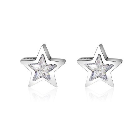 Clous d'oreilles en argent en forme d'étoile unique en zircon. - Une paire de clous d'oreilles en argent en forme d'étoile unique en zircon, modèle SEP01-S-Z-00250, fabriqués en argent sterling 925 avec une pierre précieuse claire centrale.