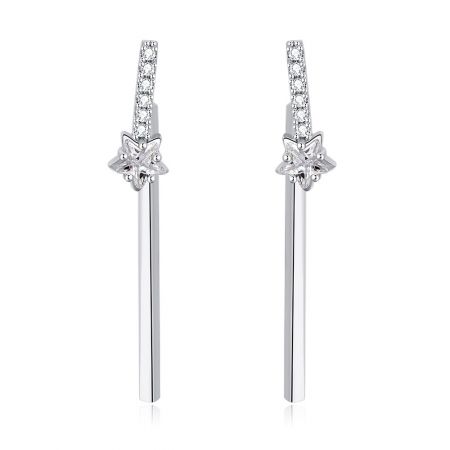 Star Bar Drop Earrings - A pair of modern Star Bar Drop Earrings, crafted from rhodium-plated brass, featuring a sparkling white cubic zirconia star motif and a delicate bar drop.
