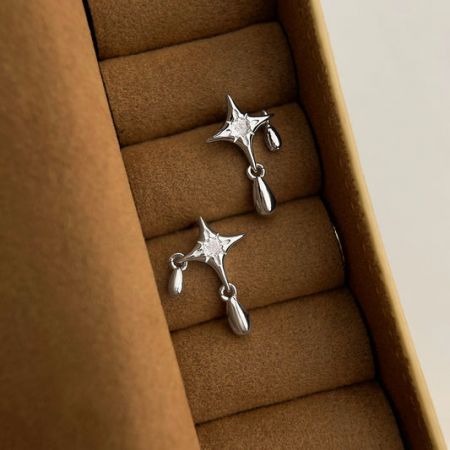 Delicate silver star drop earrings featuring sparkling CZ stones and teardrop charms, ideal for designer jewelry lines.