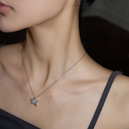 Detailed view of the sterling silver star pendant with zircon.