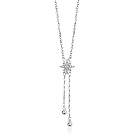 Elegant Dangle Necklace Adorned with Star Pave Ball - Elegant rhodium-plated dangle necklace with a sparkling star-shaped pendant set with clear cubic zirconia stones and two dangling chains.