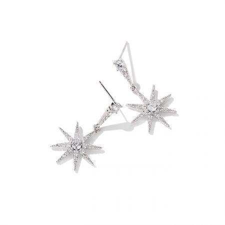 Primo piano degli orecchini a forma di stella in argento che evidenziano i dettagli intricati dei diamanti.