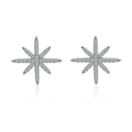 Orecchini a Bottone a Forma di Stella in Rodio - Un paio di orecchini a bottone a forma di stella in rodio, con un design a stella a otto punte impreziosito da scintillanti pietre in zirconia cubica, mostrati su uno sfondo bianco.
