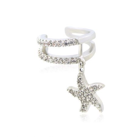 Side view of the silver starfish ear cuff showcasing its unique design and clear gemstones.