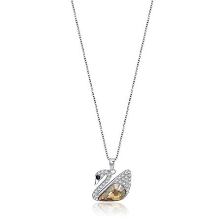Collier pendentif en forme de cygne avec pierre Swarovski jaune soleil pour femmes. - Gros plan du collier pendentif en forme de cygne avec pierre Swarovski jaune soleil, montrant la forme de cygne en argent avec une grande pierre dorée et des accents en cristal détaillés.
