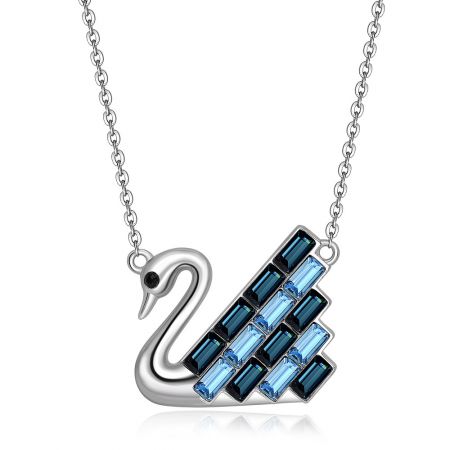 Angled view of the Swarovski swan necklace, highlighting its rhodium plating and brilliant blue crystal sparkle.