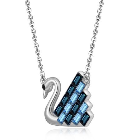 Detailed shot of the sterling silver swan pendant with blue Swarovski crystals, showing the craftsmanship and elegant design.