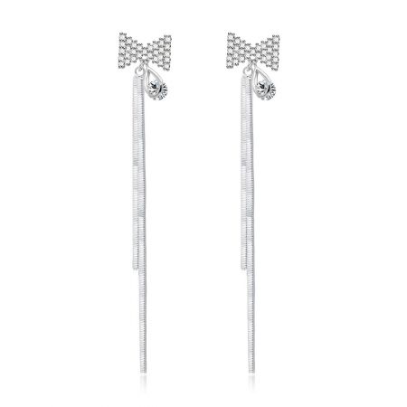 Bow Long Snake Chain Drop Earrings - A pair of Bow Long Snake Chain Drop Earrings, featuring silver bow-shaped tops with cubic zirconia and elegant long snake chain tassels.