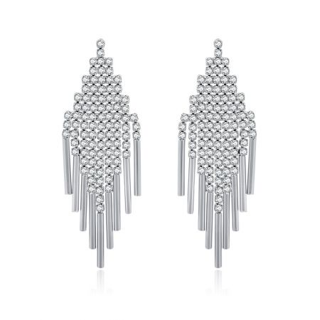 Waterfall Crystal Dangle Earrings - Front view of the Waterfall Crystal Dangle Earrings, featuring a triangular crystal top and a shimmering silver tassel design.