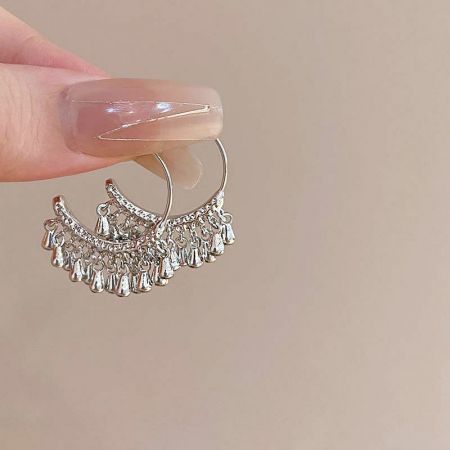 Paio completo di orecchini in argento con design unico a mezzaluna e frange.