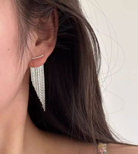 Vista ravvicinata dell'orecchino a pendente con frangia in argento sterling 925, che mette in evidenza le delicate catene di frangia e la placcatura in argento.