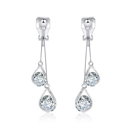 A pair of classic silver clip-on dangle earrings with teardrop gemstones.