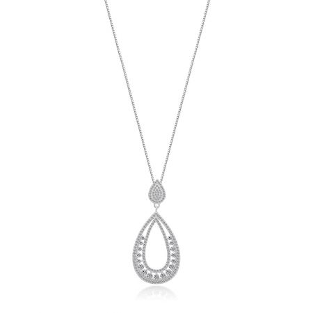 Collar llamativo de zirconia cúbica en forma de pera abierta - Un primer plano del collar llamativo de zirconia cúbica en forma de pera abierta, destacando el intrincado colgante de latón chapado en rodio y las brillantes piedras de zirconia cúbica.