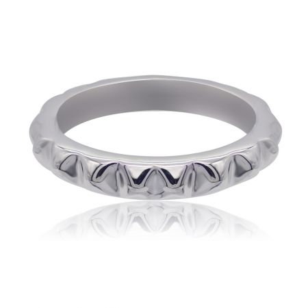 Polished Diamond Cut Rhodium Ring - Close-up of the Polished Diamond Cut Rhodium Ring, highlighting its unique textured exterior and smooth, polished interior finish.