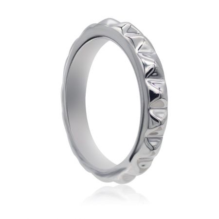 Detailed view of the Polished Diamond Cut Rhodium Ring, showing the intricate diamond-cut texture on the rhodium-plated brass band.