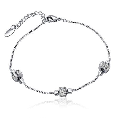 Rhodium CZ Round Bijoux Bracelet - A clear, full view of the Rhodium CZ Round Bijoux Bracelet, showcasing its silver-toned rhodium plating, sparkling cubic zirconia charms, and secure lobster clasp on a white background.