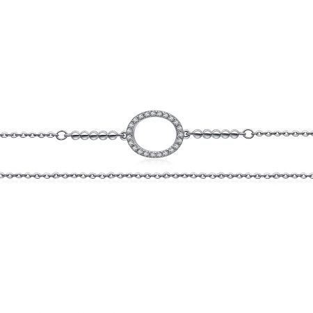 A detailed close-up of the sparkling cubic zirconia encrusted centerpiece of the charm bracelet.