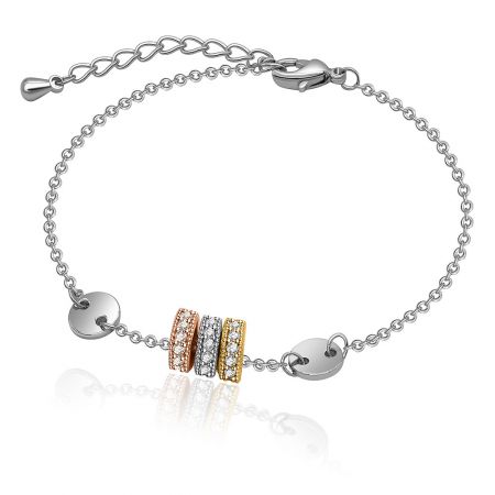 Charm Bracelet With Zirconia In 3 Tones Plating - Close-up of the Charm Bracelet with Zirconia, showing the three-tone plated charms in rose gold, silver, and yellow gold on a silver chain.