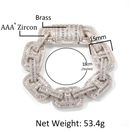 Detailed view of a silver-toned brass hip hop bracelet encrusted with sparkling zircon stones.