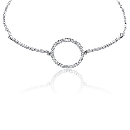 Close-up view of the modern and elegant Circle Charm Bar Bracelet, highlighting the circular centerpiece with clear cubic zirconia stones.
