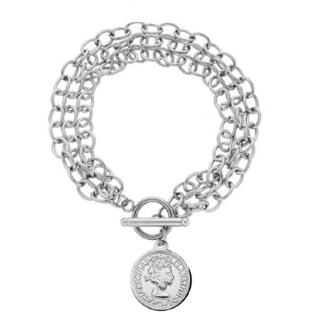 Pulsera de monedas gruesas a la moda. - Una pulsera de monedas gruesas y a la moda en un acabado plateado, fabricada en acero inoxidable con un colgante de moneda prominente. Modelo JRH-019.