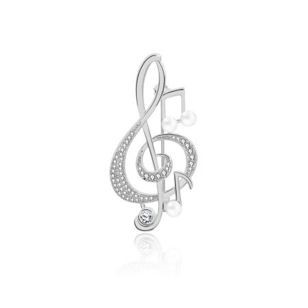 Broche de nota musical para mujeres - Elegante broche de nota musical para mujeres con un diseño de clef de sol, micro-pavimentado con circonitas cúbicas y perlas de vidrio blanco.