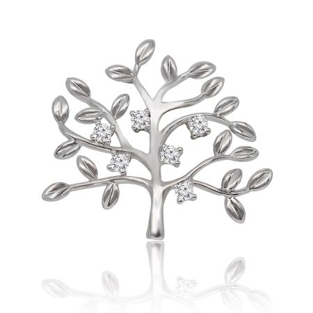 Silver Tree CZ Broche Speld - Een close-up van de Silver Tree CZ Broche Speld, die het ingewikkelde boomontwerp toont met sprankelende cubic zirconia stenen op een rhodium-geplateerde afwerking.