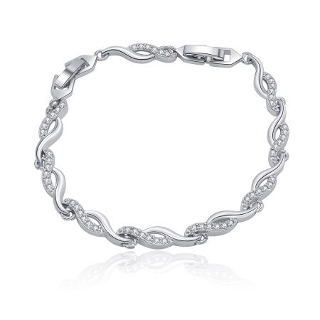 CZ Wave Link Bracelet - The CZ Wave Link Bracelet in rhodium-plated brass, featuring a delicate twisted design with sparkling cubic zirconia stones on a white background.