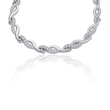 A close-up shot of the CZ Wave Link Bracelet's fold-over clasp and intricate, modern twisted structure.