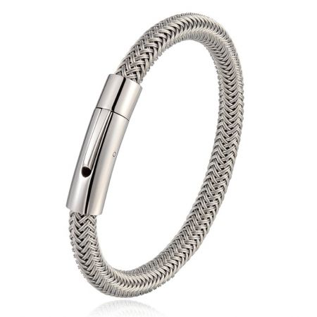 Braided men's bracelet in a silver stainless steel finish, showing the woven texture and clasp.