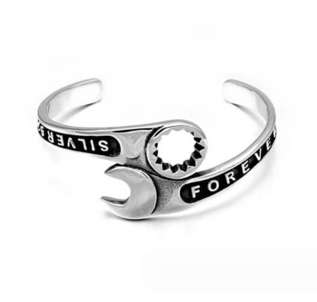 Tool Bangle Bracelet For Men - Close-up of the Tool Bangle Bracelet for Men, crafted from stainless steel with a unique wrench and gear design.