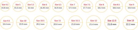 Guide des tailles de bague - Un tableau détaillé de mesure de taille de bague montrant les tailles de bague américaines de 4.5 à 13 avec le diamètre correspondant en millimètres.