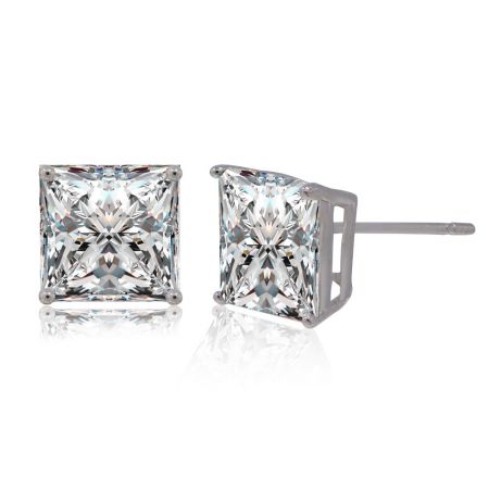 Angled view of the 8MM Square CZ Stud Earrings, showing the depth of the setting and the sparkle of the stone.