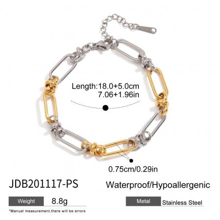 Nahaufnahme des zweifarbigen Armbands an einem Handgelenk, das das wasserdichte und hypoallergene Material aus Edelstahl hervorhebt.