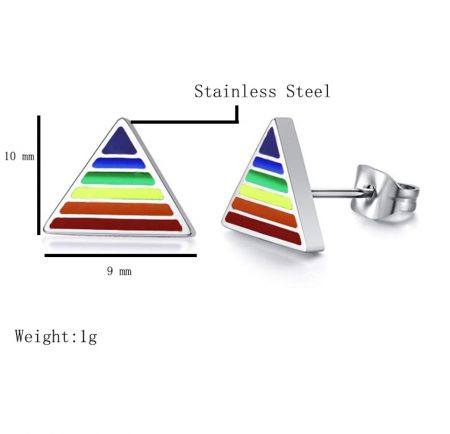 Detailed view of the stainless steel rainbow triangular earrings, showing dimensions 9x10mm.