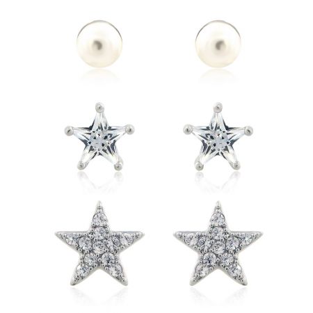Set di orecchini a perno a stella con perla. - Un set di tre orecchini a perno che include orecchini a perno di perla bianca classica, un orecchino a stella con una sola pietra e un orecchino a stella con più pietre, offerto da JR Fashion Accessories.