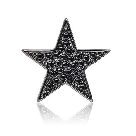 Starburst zwarte koppelingspin - Vooraanzicht van de Starburst Black Clutch Pin, een stervormige broche met hematiet plating en sprankelende jet cubic zirconia stenen.