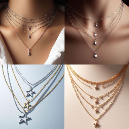 Ett urval av lagerade stjärnhalsband i både silver- och guldfinish, som visar trendiga stilalternativ.