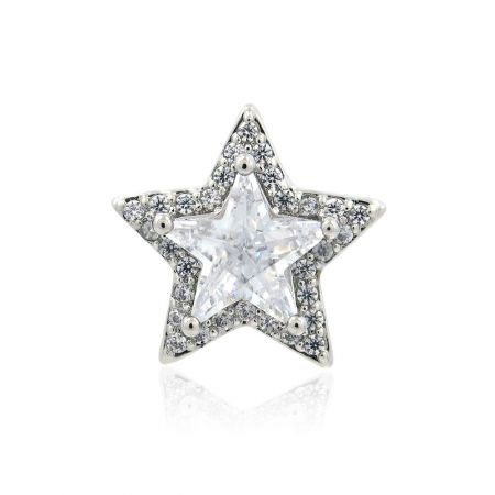 Shiny star-shaped clothing clutch pin paved with clear cubic zirconia.