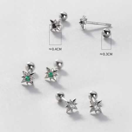 Various silver star earrings with different gemstone settings and size details.