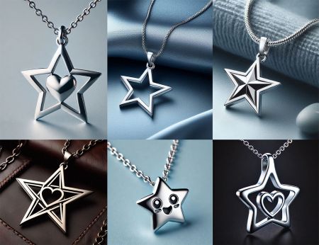En kollektion av sex distinkta enkla stjärnhängehalsband i silver, perfekta för vardagsbruk.
