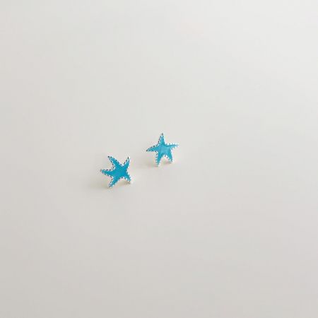 ヒトデのピアスの別の角度、淡い青いエナメルと銀メッキを示しています。