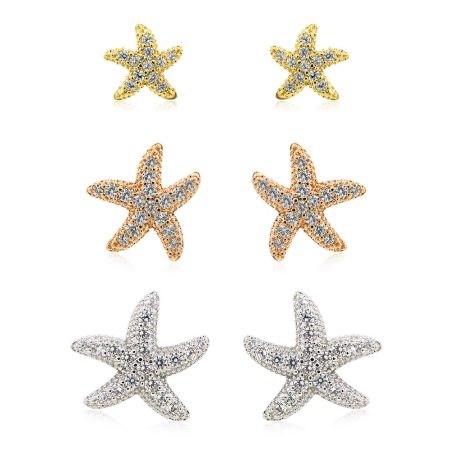 Starfish 3 In 1 Set Earrings - A set of three starfish stud earrings in gold, rose gold, and silver finishes, each embellished with sparkling clear cubic zirconia stones.