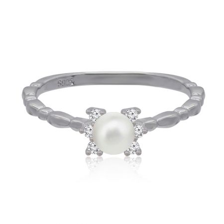 Pearl CZ Fine Band Ring - Close-up of the Pearl CZ Fine Band Ring, showcasing the central white glass pearl and surrounding cubic zirconia on a rhodium-plated brass band.