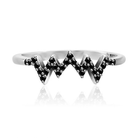 Modern sterling silver zigzag ring set with striking black gemstones.