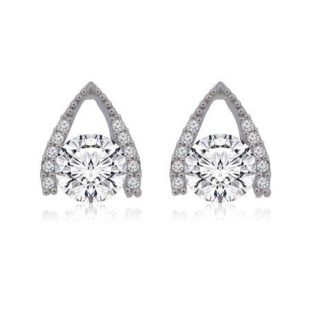 Hug CZ Stud Earrings - A close-up of the Hug CZ Stud Earrings, showcasing their teardrop design with a brilliant central cubic zirconia stone surrounded by smaller pavé stones, all rhodium-plated.
