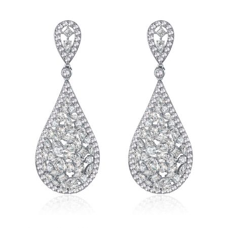 Ladies Cubic Zirconia Teardrop Earring - Front view of the elegant Ladies Cubic Zirconia Teardrop Earrings, showcasing the brilliant stones and intricate filigree design on a white background.