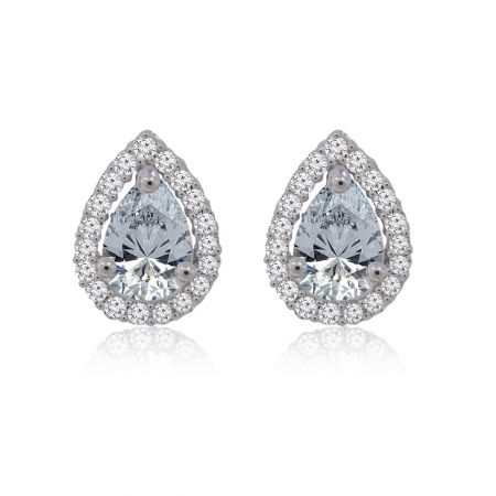 Pear-shaped Zirconia Stud Earrings - A close-up studio shot of the Pear-shaped Zirconia Stud Earrings, showcasing the brilliant teardrop-shaped central cubic zirconia stone set in rhodium-plated brass.