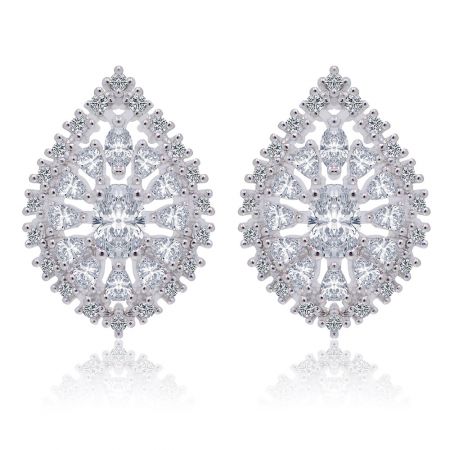 Perfect Pear Stud Earrings - A close-up of the Perfect Pear Stud Earrings, showcasing the intricate teardrop design with a large central cubic zirconia stone surrounded by smaller sparkling stones, set in rhodium-plated brass.